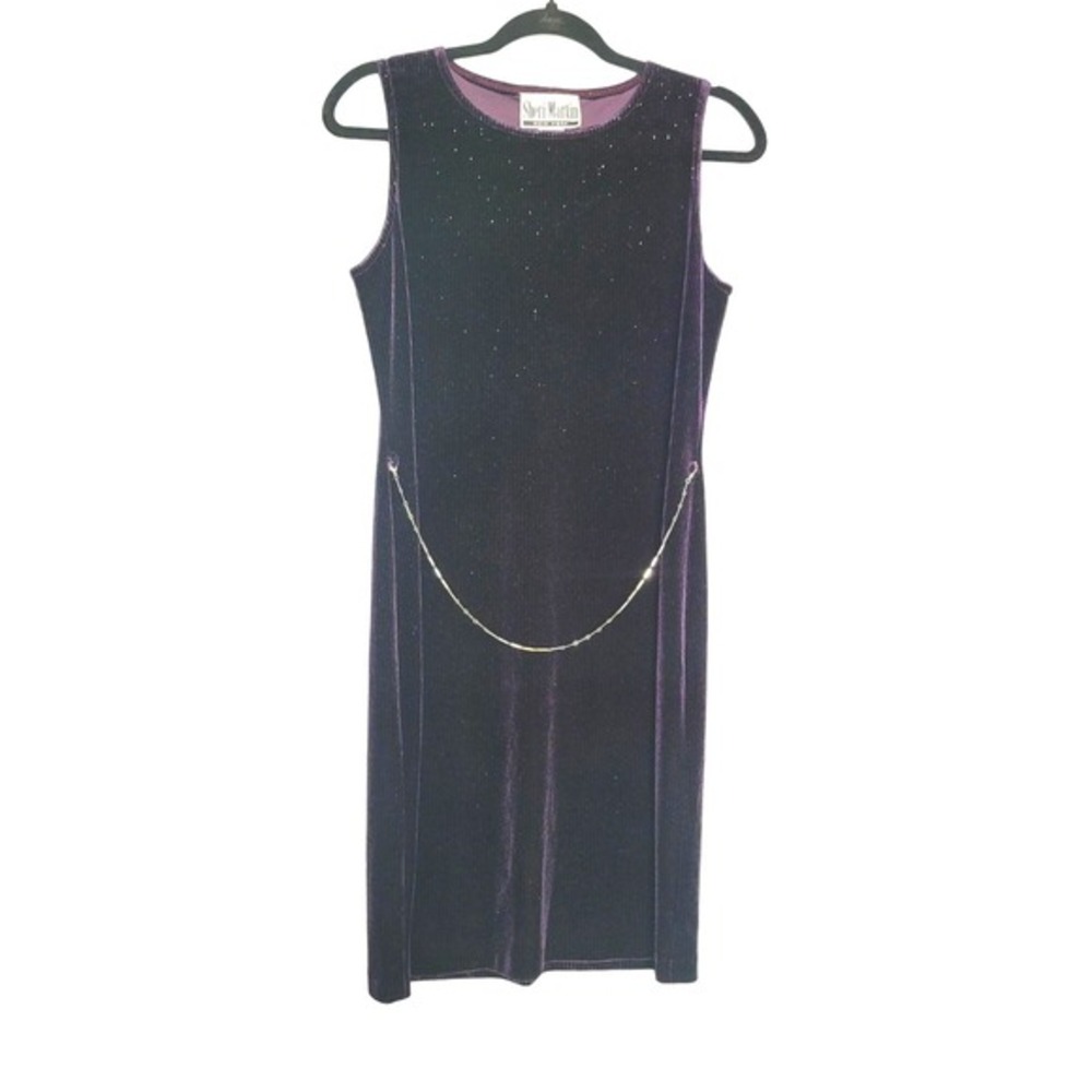 Vintage Velvet Glitter Sheath Dress 8‎ Purple Sleeveless Chain Detail Y2K